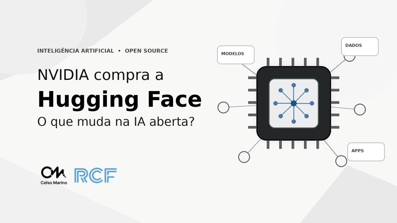 Chip de inteligência artificial ligado a uma rede de modelos, representando a compra da Hugging Face pela NVIDIA