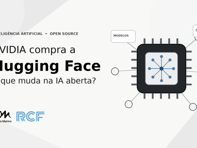 Chip de inteligência artificial ligado a uma rede de modelos, representando a compra da Hugging Face pela NVIDIA